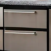 Warming drawers with stainless steel handles for luxury outdoor kitchen entertainment spaces